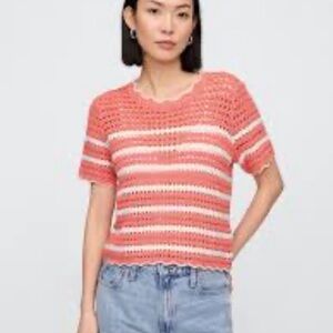 GAP Women Sz Medium M Crochet Striped Peach Scallop Sweater 100% Cotton